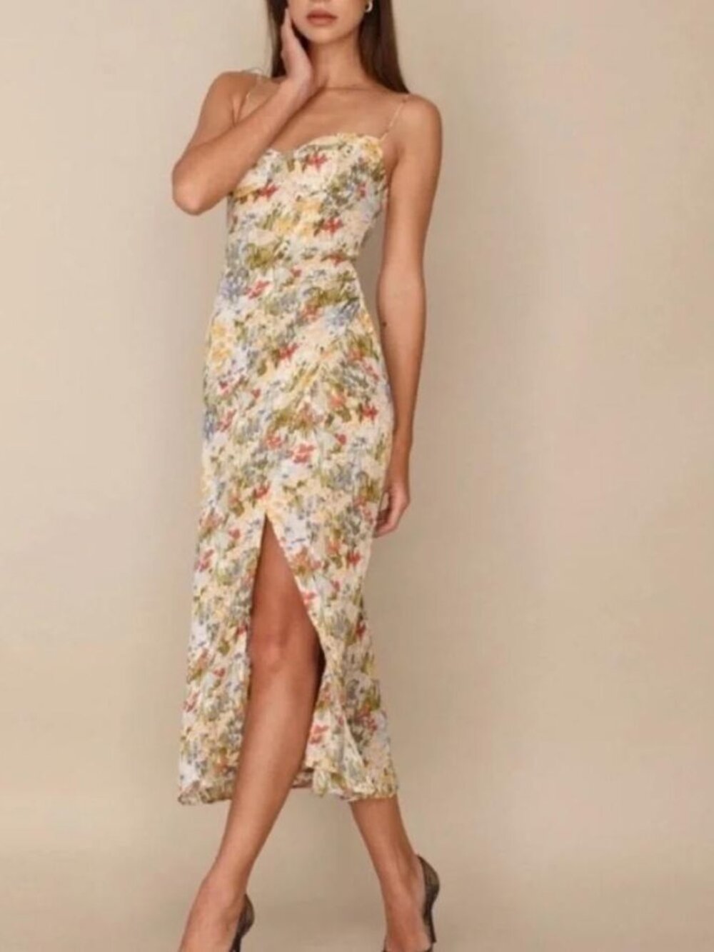 Reformation Kourtney midi dress in Countryside Floral side slit sheath ties